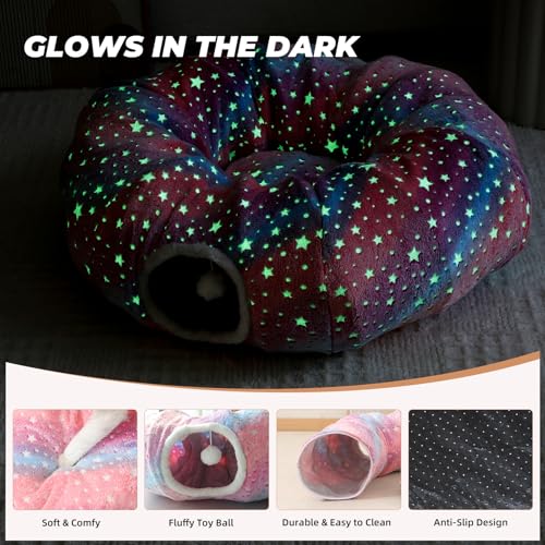 Under Christmas Tree Large Cat Tunnels Bed Tube for Indoor Cats Glows in The Dark Cat Tunnel with Cushion and Plush Ball Toy Longer Playground Toys for Dog Puppy Kitten Rabbit Pet Rainbow - color: Rainbow Bed