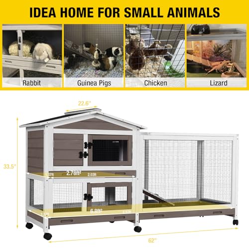 Aivituvin Rabbit Hutch 62" Rabbit Cage Indoor Outdoor Chicken Coop Guinea Pig Cage on Wheels Bunny Cage with 3 Deep No Leakage Pull Out Tray,Waterproof Roof (Brown) - color: Brown