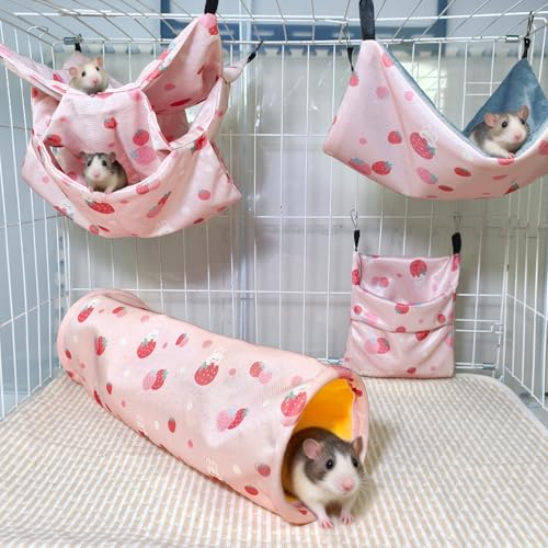 Hamiledyi Rat Hammock Sugar Glider Climbing Ropes Toys Rat Hanging Tunnel Hammock Swing Squirrel Hideout Bed Cage Accessories for Ferret Mouse Hamster Small Animals (Pink) - color: Pink-straw