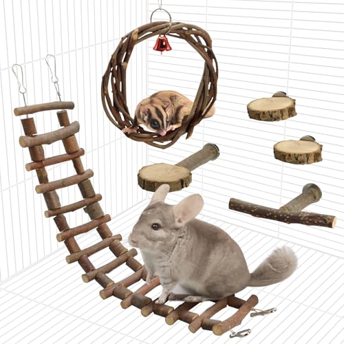 BNOSDM 6PCS Chinchilla Cage Accessories, Natural Wood Sugar Glider Climbing Bridge & Perch Platforms, Rat Enrichment Toys Set for Small Animals Squirrel, Gerbil, Hamster - color: 6PCS-Wooden Ladder & Swing T-Perch Set