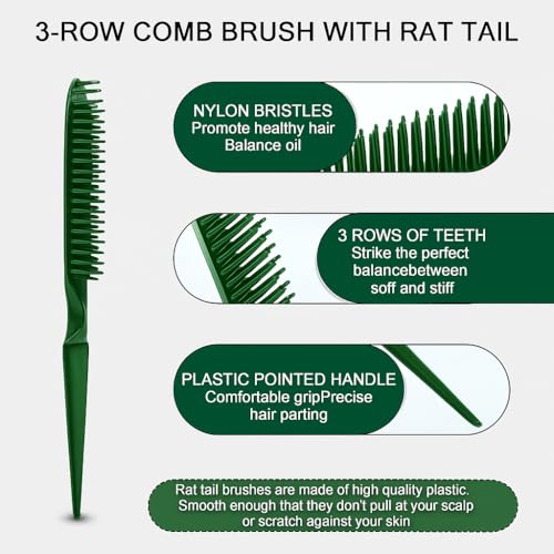 SIMPOR 3 Row Hair Comb for Natural Detangling, Hair Styling Brush, Nylon Bristle Unbraider Teasing Rat Tail Comb for Women Men Green - color: Green