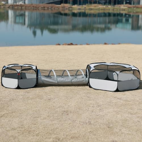 Outdoor Cat Enclosure，Cat Tunnels for Indoor and Outdoor Playpen Portable Cats with Cube Tent Toys Combo for Kitten, Puppy, Rabbit and Small Animals(One Small and One Large Hexagonal Cube +Tunnel