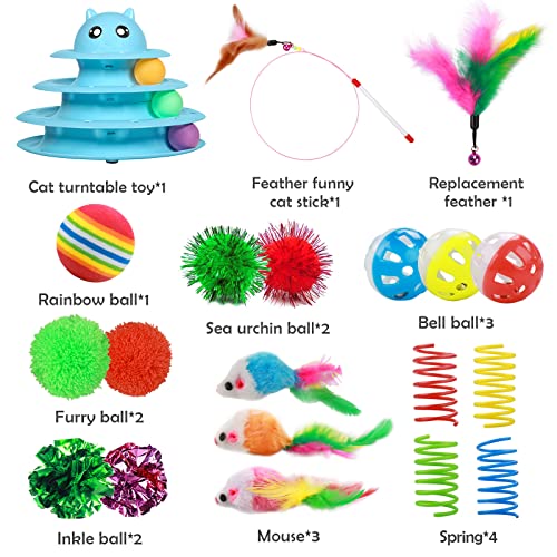 UPSKY 20 PCS Cat Toys Set with Teaser, Mice, Spring, and Various Ball Toys | Puzzle Kitten Toys, Sturdy Structure, Detachable Design, Easy to Assemble, Anti-Slip, Reduces Boredom for Indoor Cats - color: B-20PCS-Blue