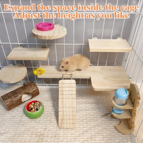 Hamster Cage Platform L-Shaped Wooden Hamster Cage Accessories Rat Climbing Toys Ledge with Ladder for Sugar Glider Mice Mouse Chinchilla Squirrel (L) - size: L