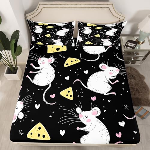 Erosebridal Kids Rat Bed Sheets Twin Mouse Rodents Sheet Set Kawaii Cute Cartoon Animal Bedding Set for Boys Girls Children Funny Wildlife Animal Fitted Sheet Cheese Food Flat Sheet, Black - color: Multi 10, size: Twin