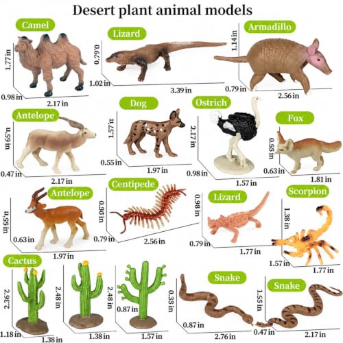 16pcs Desert Animal Figures Playset with Cactus & Model Trees | Diorama Project with Fennec Fox Camel Rattlesnake Scorpion Lizard,Reptile Toys for Diorama Supplies Cake Toppers Party Decor
