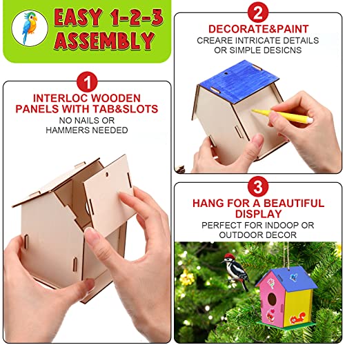 107 Pcs Wooden Birdhouse DIY Kits Includes 21 Unfinished Wood Mini Bird House 24 Watercolor Pen 50 Bird Butterfly Flower Slices 12 Animal Stickers for Adults DIY Craft Making Supplies (Cute)