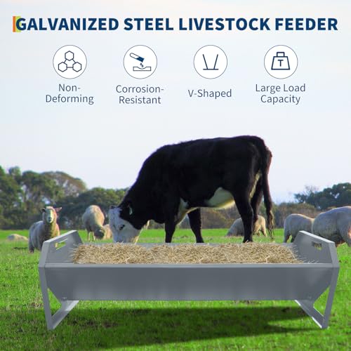 22 Gallon Capacity Livestock Feeder, 45" Hay Feeder for 10 Sheep Once, Heavy Duty Steel Livestock Feeding Trough for Horse, Goat, Sheep, Cattle, Cow, Alpaca, Silver | Heavy Duty Steel Livestock Feeding Trough for Horse, Goat, Sheep, Cattle, Cow, Alpaca, S