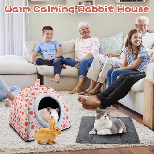 Warm Rabbit Hideout, Washable Strawberry Fleece Hut for Guinea Pigs | Hideaway House with Strawberry Design, Cozy Fleece Hut for Indoor Rabbits Guinea Pigs and Other Small Animals