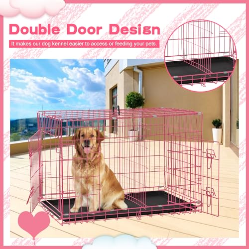 BLKMTY Foldable Dog Crate, Wire Metal Dog Cage, Medium 36-Inch, Pink - color: Pink, size: 36.0"L x 22.0"W x 25.0"H