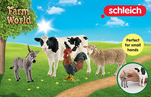 Schleich FARM WORLD - 4 PC Starter Barnyard Animal Set - Includes Cow, Sheep, Rooster and Sheep Figurines - Farm Animal Toys for Kids 3+ | 42385 | Farm Animal Figurine, Realistic Animal Toys, Cow Rooster Donkey Sheep Figures, Barn Toy for Kids 3+, Screen-