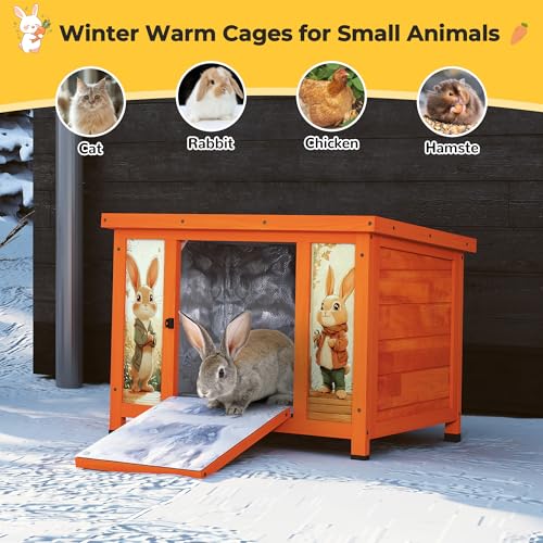 Coziwow 24" Bunny Hutch for Outdoor & Indoor Use - Solid Wood Rabbit Cage with Detachable Insulation Liner, Lightweight Weatherproof Shelter for Cats, Rabbits, Small Animals, Orange - color: Orange with Warm