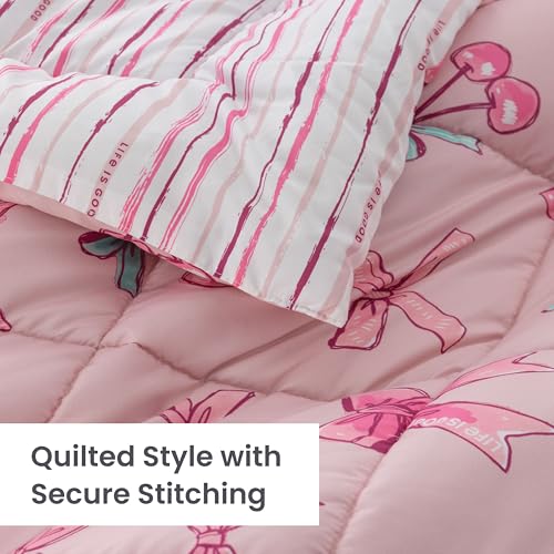 Berkshire LIG Printed Reversible Microfiber Comforter Set–5-Piece, Ultra Soft All-Season Bedding, Wrinkle & Fade Resistant, Twin, Cherry Bows Blush - color: Cherry Bows Blush, size: Twin