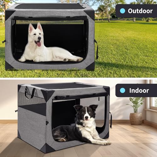 36 Inch Portable Travel Dog Crate, 3 Door Collapsible Soft Pet Kennel with Durable Mesh Windows for Medium Dogs, Foldable Dog Cage with Storage Pocket for Outdoor (Light Grey) - color: Light Grey, size: 36.0"L x 25.0"W x 25.0"H