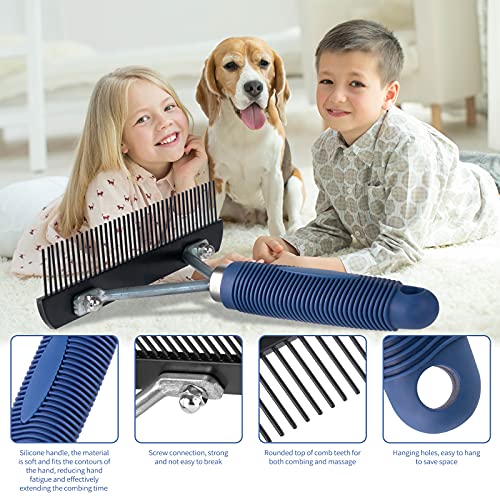 Long Tooth Grooming Undercoat Rake + Stainless Steel Shedding Comb | Deshedding Brushes for Large Pet Horse Longhair Cat, German Shepherd Husky Brush, Dual-Density Straight Comb for Detangling
