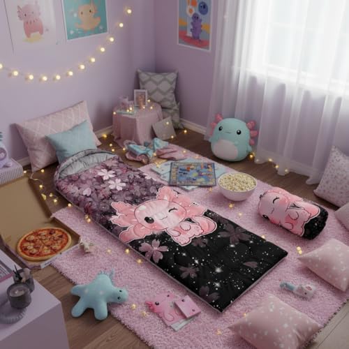 QOOMO Axolotl Cute Camping Sleeping Bags,3 Season Warm & Cool Weather,Lightweight,Waterproof Sleeping Bags for Adults & Kids,Traveling,and Outdoors - color: Axolotl Cherry Blossom