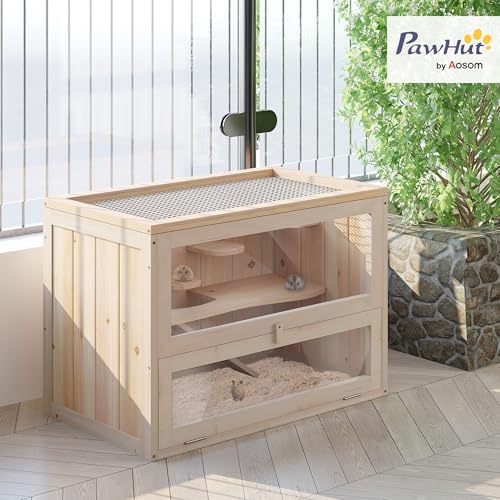 PawHut 2-Level Hamster Cage, Mouse Cage for Chinchillas, Natural | Mice and Rat House, Small Animal Habitat, Front Door, Shelf, Ladder, Openable Top - color: Natural Wood
