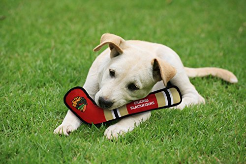 Pets First Dog Toy Tough Nylon with Inner Squeaker Licensed by NHL Chicago Blackhawks Hockey Stick Toy for Dogs & Cats. Play Hockey with Your Pet with This Licensed Dog Tough Toy - color: Chicago Blackhawks, style: NHL Dog Tug Toy