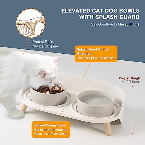 Raised Cat Food and Water Bowl Set - Elevated Ceramic Dishes with Non-Slip Stand and Splash Guard for Small Dogs - 2 x 320 ML (4.9 OZ) - Grey - color: Grey, size: Small