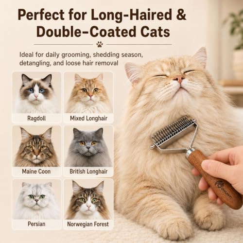 Cat Brush for Long Haired Cats, 2-in-1 Dematting Comb & Deshedding Brush for Cats, Dual-Sided Undercoat Rake for Matted Fur, Tangles, Shedding and Loose Hair