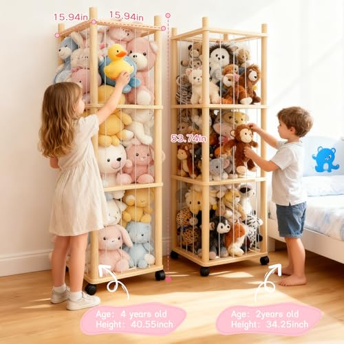 Stuffed Animal Zoo Storage with Lockable Wheels, Natural Wood | Sturdy Solid Wood Toy Organizer, Large Capacity Plush Toy Cage, Space-Saving for Toddler/Playrooms/Bedrooms - color: Natural Wood