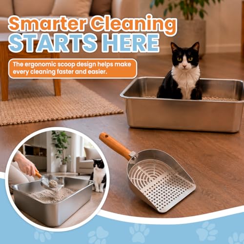 Stainless Steel Cat Litter Box with Scoop, 17.5 x 14 x 6 in – Heavy Duty Metal Litter Pan with High Sides for Medium Cats and Kittens