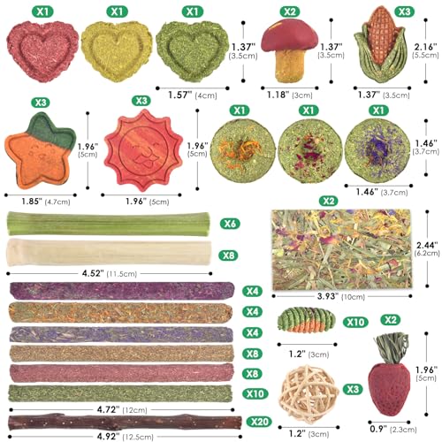 ERKOON 106PCS Bunny Chew Toys for Rabbits Teeth, Natural Rabbit Toys Apple Wood Sticks, Carrot, Timothy Grass Treats for Small Pets, Hamster, Chinchilla, Guinea Pig Dental Care and Treat Teething Toys - size: 106