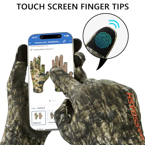 BASSDASH Unisex Fleece Liner Lightweight Camo Hunting Gloves HG07 | Stretch Fleeced Warm Anti-Slip Gloves with Touchscreen for Men Women Cool Weather Shooting Photography Fishing - color: Moss Wood, size: Large