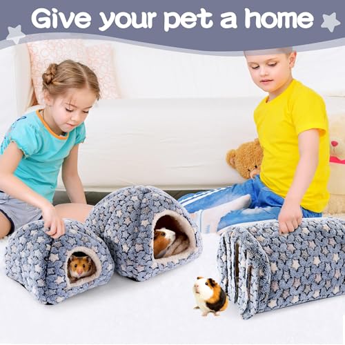 3 Pack Guinea Pig House Accessories, Washable 2 Guinea Pig House and Hideout Tunnel with Curtains, Chinchilla Hideout for Hamster, Rabbit, Bunny, Chinchillas (Blue-Star) - color: Blue-Star