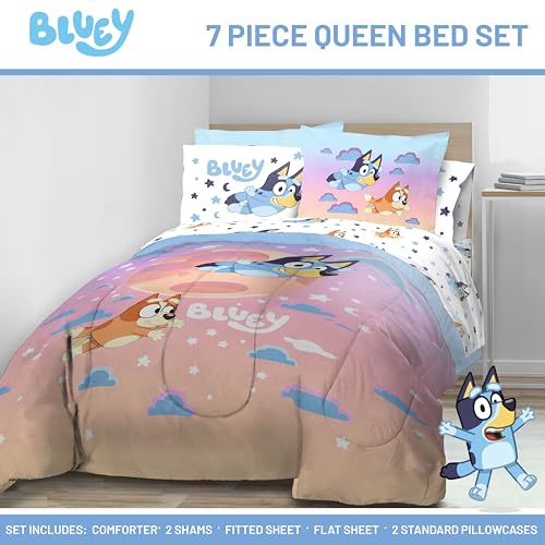 Jay Franco Bluey & Bingo Queen Comforter Set - 7 Piece Bedding Includes Sheet Set & Pillow Covers - Super Clouds & Stars Cozy Bedding - color: Multi - Bluey, size: 7 Piece Queen
