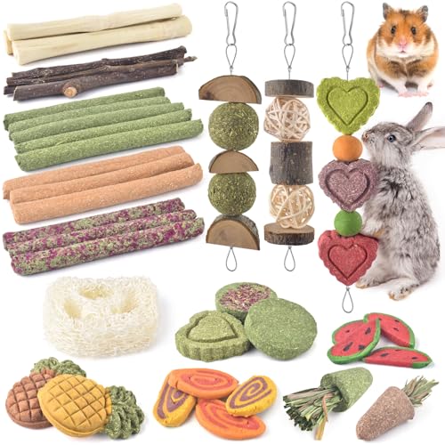 KATUMO Rabbit Chew Toys, Bunny Treats Chew Toys for Small Animals | Strung Hanging Toys for Teeth, Natural Apple Wood Sweet Bamboo Grass Timothy Sticks for Guinea Pig, Hamster, Chinchilla