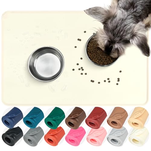 VIVAGLORY Pet Food Mat Flexmat Dog Bowl Mat, S, Ivory | Non Slip Silicone for Pet Kitten & Doggy, Placemat with Lip for Floor - color: Ivory, size: S (18.9 x 11.8in)