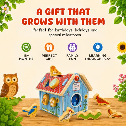 Jack Rabbit Creations Wooden Bird House Shape Sorter – Built-in Handle, Removable Roof – Non-Toxic, Certified Wood – Fine Motor Toddler Toy, Birthday Gift, Ages 18+ Months