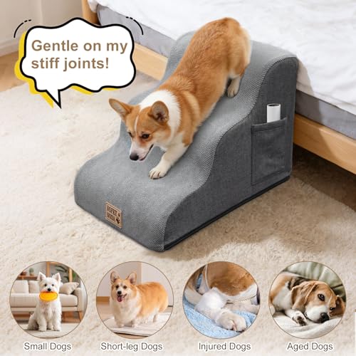 Mini 3-Step Dog Stairs for Small Dogs & Cats, 11.8" H Non-Slip Pet Steps with Side Storage Pocket, Sturdy High Density Foam Dog Ramp for Sofa, Couch & Chair, Washable Cover, Grey - size: Round-11.3"H
