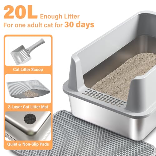 2PCS Stainless Steel Litter Box, XL Cat Litter Box for Big Cat | Large Metal Litter Boxes with Lid High Side, Non-Stick, Odor-Resistant, Anti-Urine Leakage, Includes Mat & Scoop - color: 2PCS XL-lid box