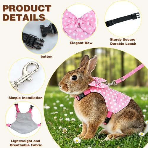 Rabbit Harness and Leash Set Escape Proof Plaid Bunny Vest with Bow Tie Breathable Mesh Harness Dual D Rings Adjustable Leash for Rabbit Guinea Pig Ferret Walking Training (Pink, S) - color: Pink, size: S