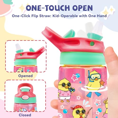 Kids Plastic Water Bottle - Duck Water Bottles for Kids, 14oz Plastic Water Bottle with Straw Lid, Leakproof BPA-Free Cute Duck Water Bottles for Home Sports Travel, Pop-Up Straw Cover, Pink - color: Fun Duck