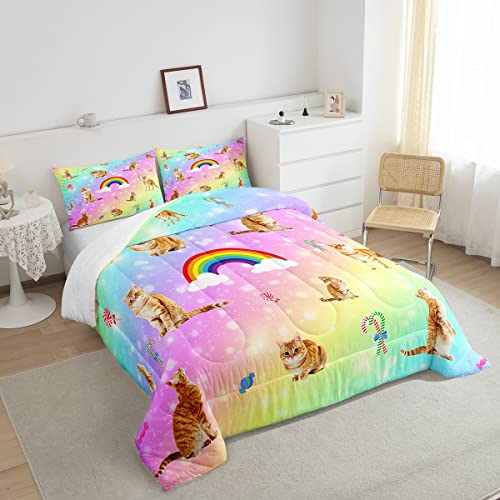 Erosebridal Cat Comforter Set, Starry Sky Bedding Set Twin for Girls Kids Boys Bedroom Decor, Rainbow Galaxy Down Comforter, Soft Breathable Microfiber Quilted Comforter with 1 Matching Pillowcase - color: Multi 38, size: Twin