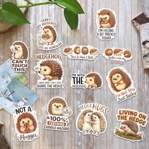 12pcs-3in Hedgehog Stickers, Funny Hedgehog Stickers, Cute Hedgehogs Sticker, Funny Hedgehugs Decals Waterproof, Cute Animal, Pet Decal Gifts Hedgehogs Lovers for Laptop Water Bottle Scrapbook - size: 3in