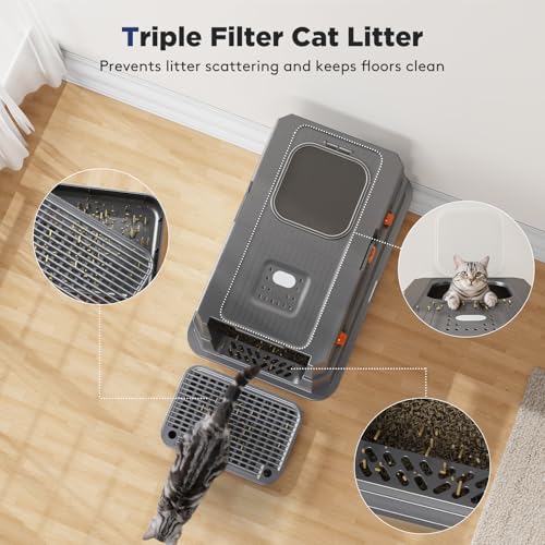 FURTIME Stainless Steel Litter Box with Lid, Enclosed Metal Cat Litter Box | XL Extra Large, Cat Box with High Sided Enclosure & Scoop, Big Cats, Front & Top Entry, Odor Free, Anti-Leakage, Grey - color: Grey, size: X-large