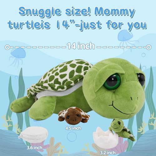 Turtle Stuffed Animals with 3 Babies, 14" Sea Turtle Plush, Green | 3 Baby Sea Turtle Plushies & 2 Eggs; Mother and Baby Plushiea; Zipper Belly Hide-and-Seek; Birthday & Christmas Gift for Kids - style: Turtle Green