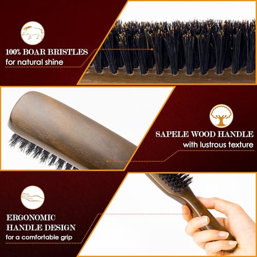 STYLEMATE Black Walnut Boar Bristle Hair Brush for Women Men, Natural Soft Bristle Hair Brush Slick Back Smoothing Hairbrush for Thin & Fine Hair - size: 1 Count (Walnut)
