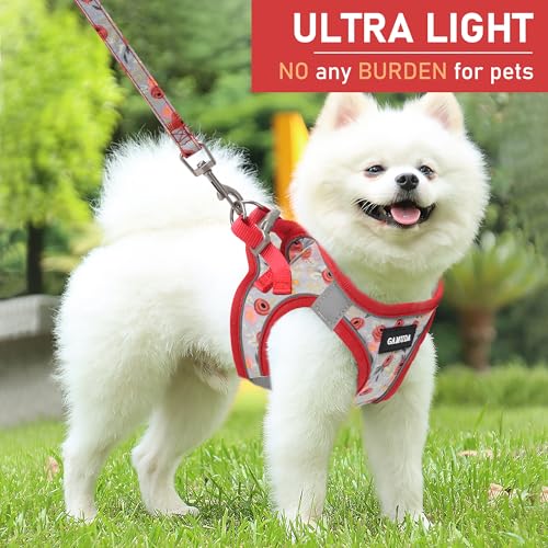GAMUDA Small Dog Harness Collar and Leash Set, Step in No Chock No Pull Soft Mesh Adjustable Dog Vest Harnesses Plaid Reflective for Dogs Puppy Cats Kitten Rabbit (Red Flower, L) - color: Red Flower, size: L