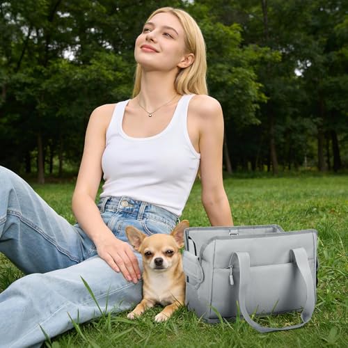 Dog Purse Carrier for Small Dogs Under 10 lbs Soft Sided Pad | Adjustable Velcro Side Pad, Extendable Bottom, Safety Leash Clip, Large Storage Pocket, Gray - color: Gray
