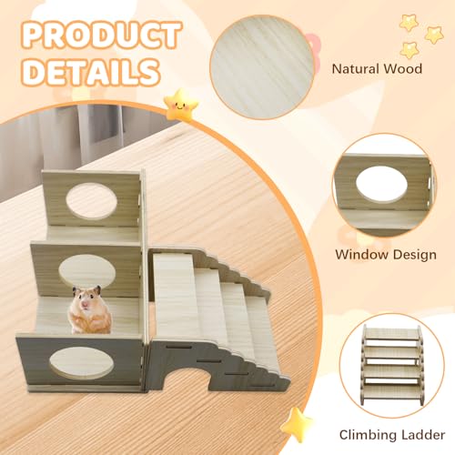 2-Chamber Hamster Tunnel & Wooden Climbing Ladder Bridge，Wooden Hamster Hideout with Ladder for Dwarf Syrian Hamsters Gerbils Mice or Other Small Pets