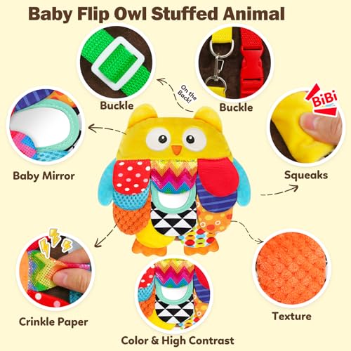 GKDOMS Vibrant Sensory Owl Plush Stuffed Animal Baby Toy Tummy Time Multi-Textured Squeaking & Crinkling Learning Toy for Busy Hands Babies 0-36Months, Baby Shower 1st Birthday Gifts - color: Colorful