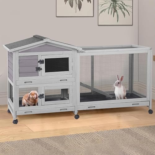 Aivituvin Rabbit Hutch Indoor 2 Story Bunny Cage Outdoor Guinea Pig Cage with Caster Wheels Chicken Coop with Run, 3 Pull Out Tray Grey - color: Grey