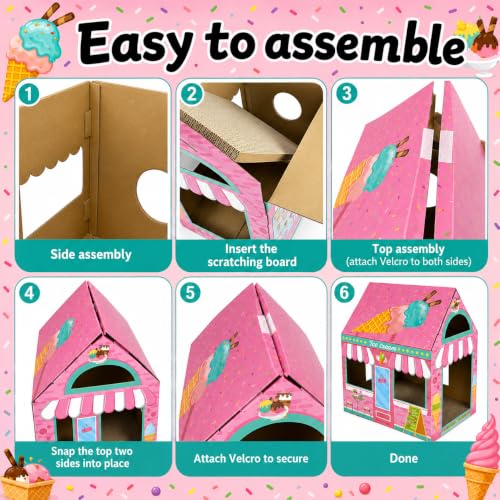 Cinrobiye Cardboard Cat House with Scratcher, Indoor Cat Condo Cat Cave Hideout with Scratch Pad, Cardboard Cat Playhouse Bed for Cats, Kittens, Rabbits & Small Pets (Ice Cream) - color: Ice cream
