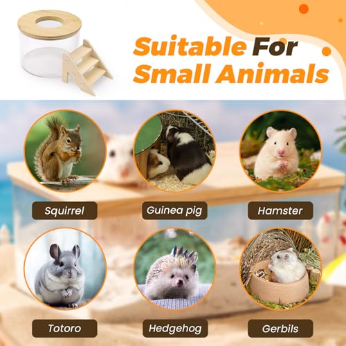 ASTIMESA Plastic Hamster Sand Bath Container with Ladder, Clear Hamster Litter Box Tub Wood Cover for Chinchilla Pet Gerbil Guinea Pig Digging Small Animal House Round