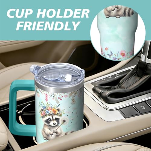 30oz Raccoon Stainless Steel Tumbler with Handle and Straw, Insulated Cup Travel Coffee Mug Water Bottle with Lid and Straw, Animal Lovers Women Gifts - color: Raccoon